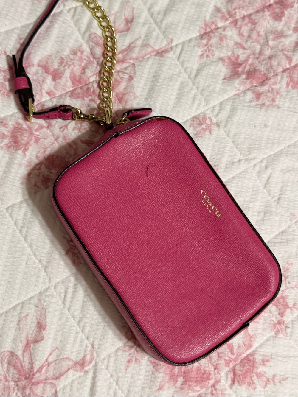 Coach Pink Leather wristlet Camera Bag with Gold Chain Accent